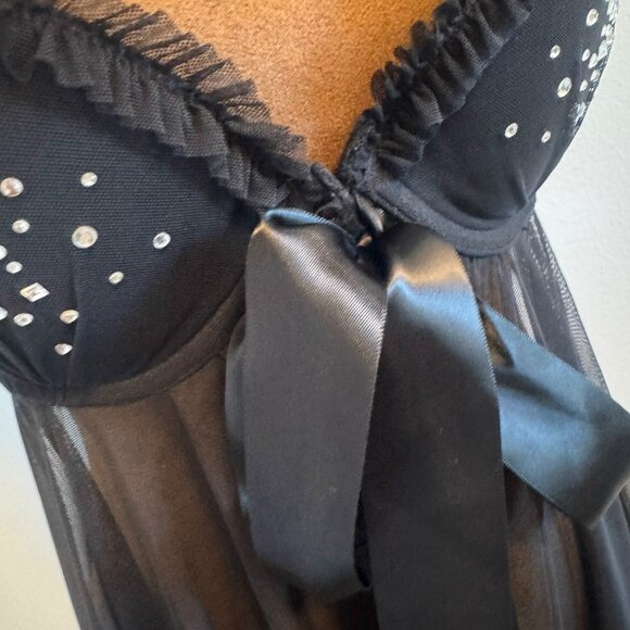 Victoria's Secret Black Sheer Front Rhinestone Bra Babydoll Slip Size 36C - Picture 8 of 12